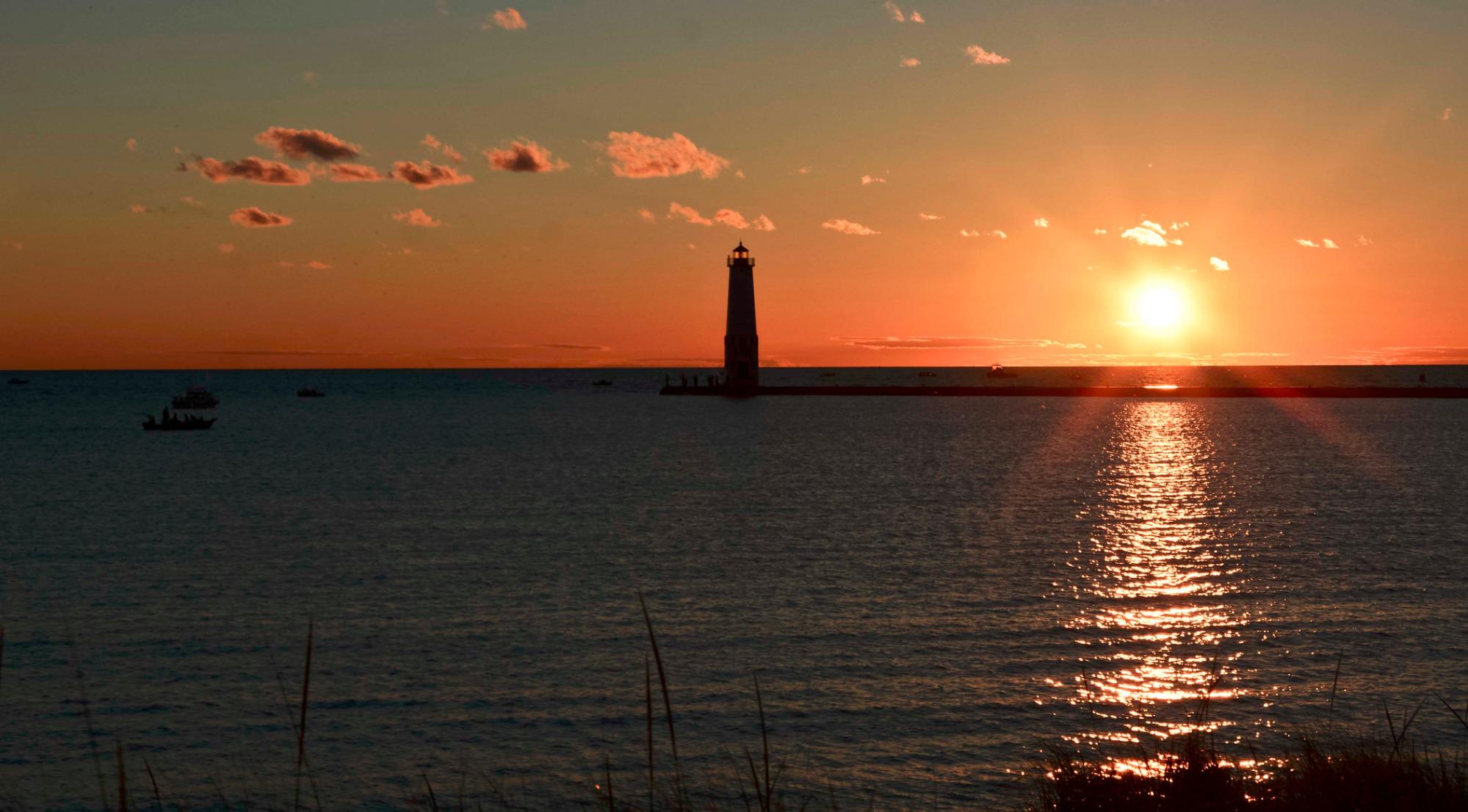 Sunset Photo Print Frankfort Lighthouse, Benzie, Leelanau, Water 2024 Swirl, Drone, Lake Michigan, Traverse City, Wall Art, Pure Michigan