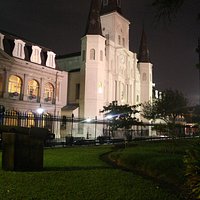 View of St. Louis Cathedral at Night near Cafe Pontalba in Lower Pontalba Bldg.