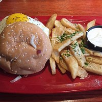 Royal red robin burger w/ garlic & herb fries. Pretzel bites w/cheese appetizer.