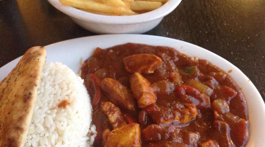 Cheese & bacon Burger and Chicken Curry with Chips