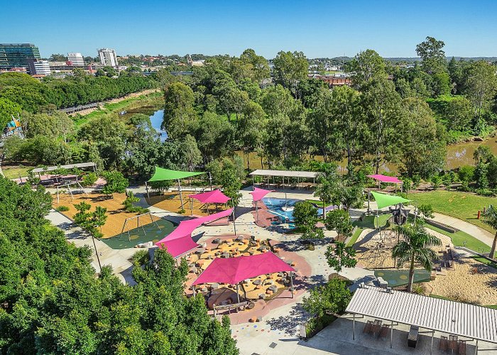 Aerial view over the play and picnic area at the River Heart Parklands.