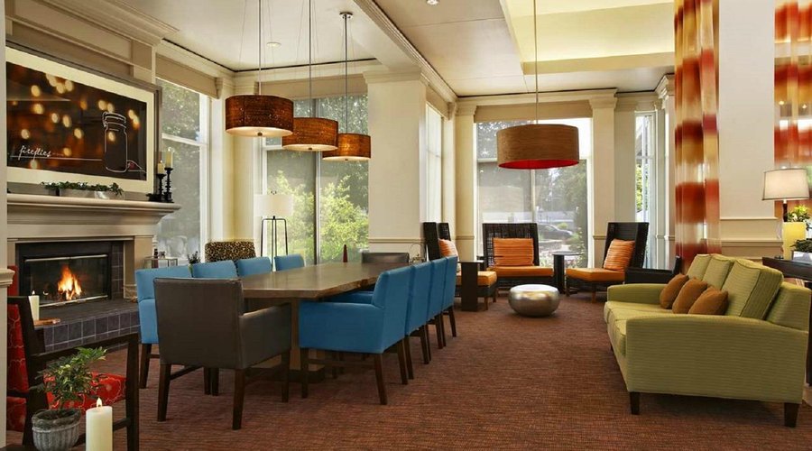 Bright Lobby with Relaxing Fireplace