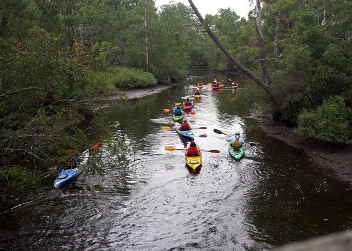 Kayaking group as seen from the covered bridge