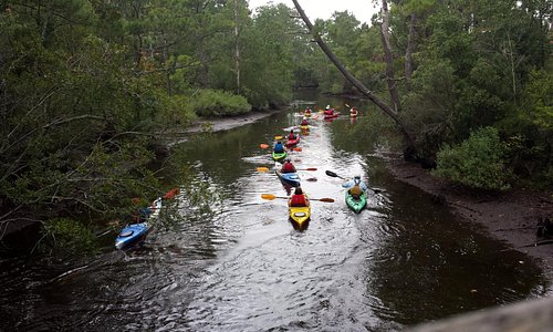 Kayaking group as seen from the covered bridge