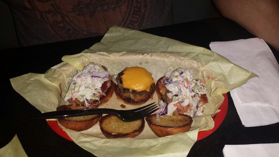 Sliders (Mini burgers) 2 pork, 1 beef.  I think chicken is also a choice. In any combination.