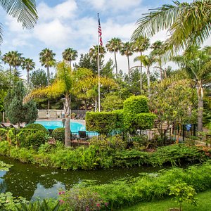 Gardens, lagoon and solar heated swimming pool
