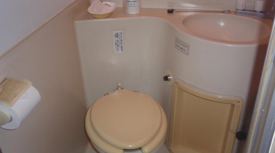 昭和の匂いを漂わせるユニットバス。トイレの洗浄ボタンを押すのに大変だった。