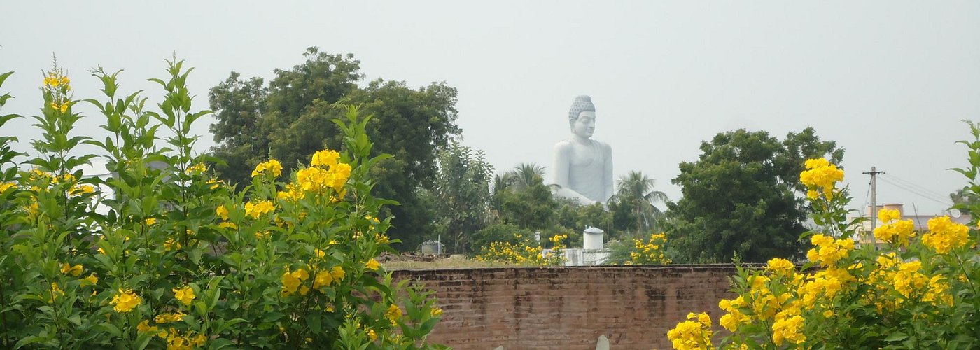 The stupa remains and the Dhyan Buddha in the background.