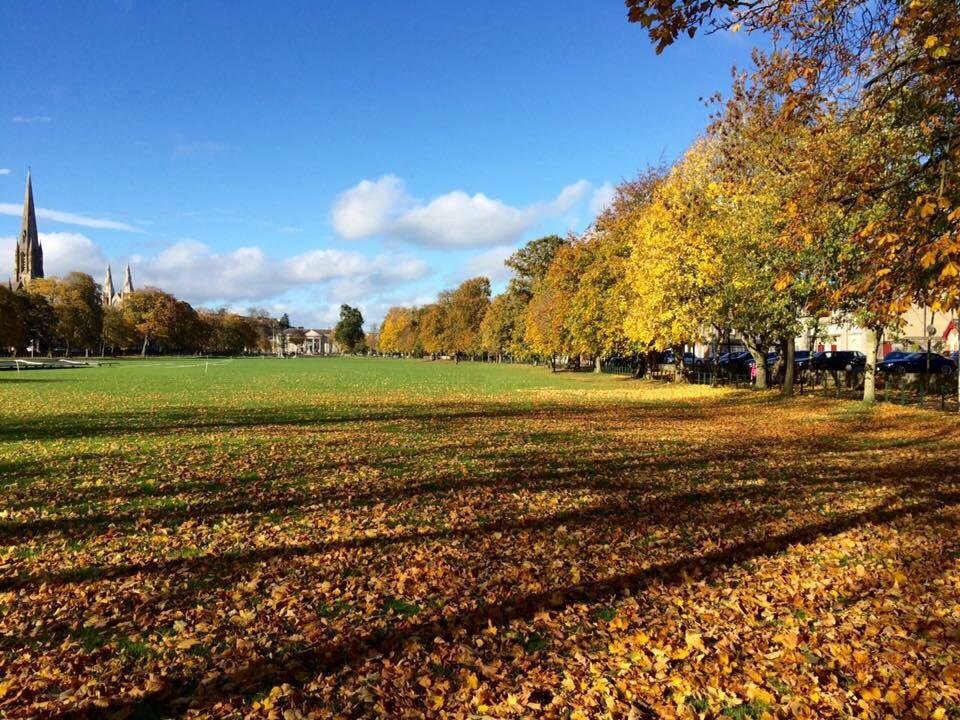 The tree-lined Georgian Mall in Armagh, a wide green park area, with historic buildings in the background.
