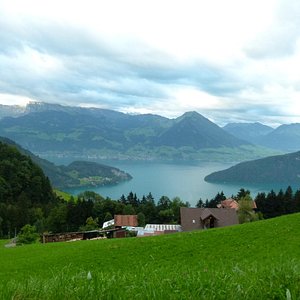 The view from the organic farm of Gruebisbalm onto Lake Lucerne and the mountains
