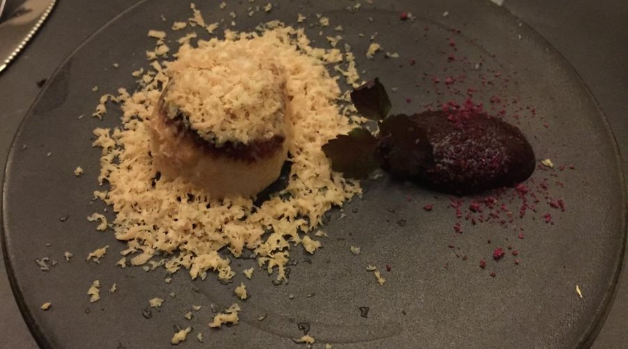 Seared scallop, grated foie gras, prune purée and prune powder