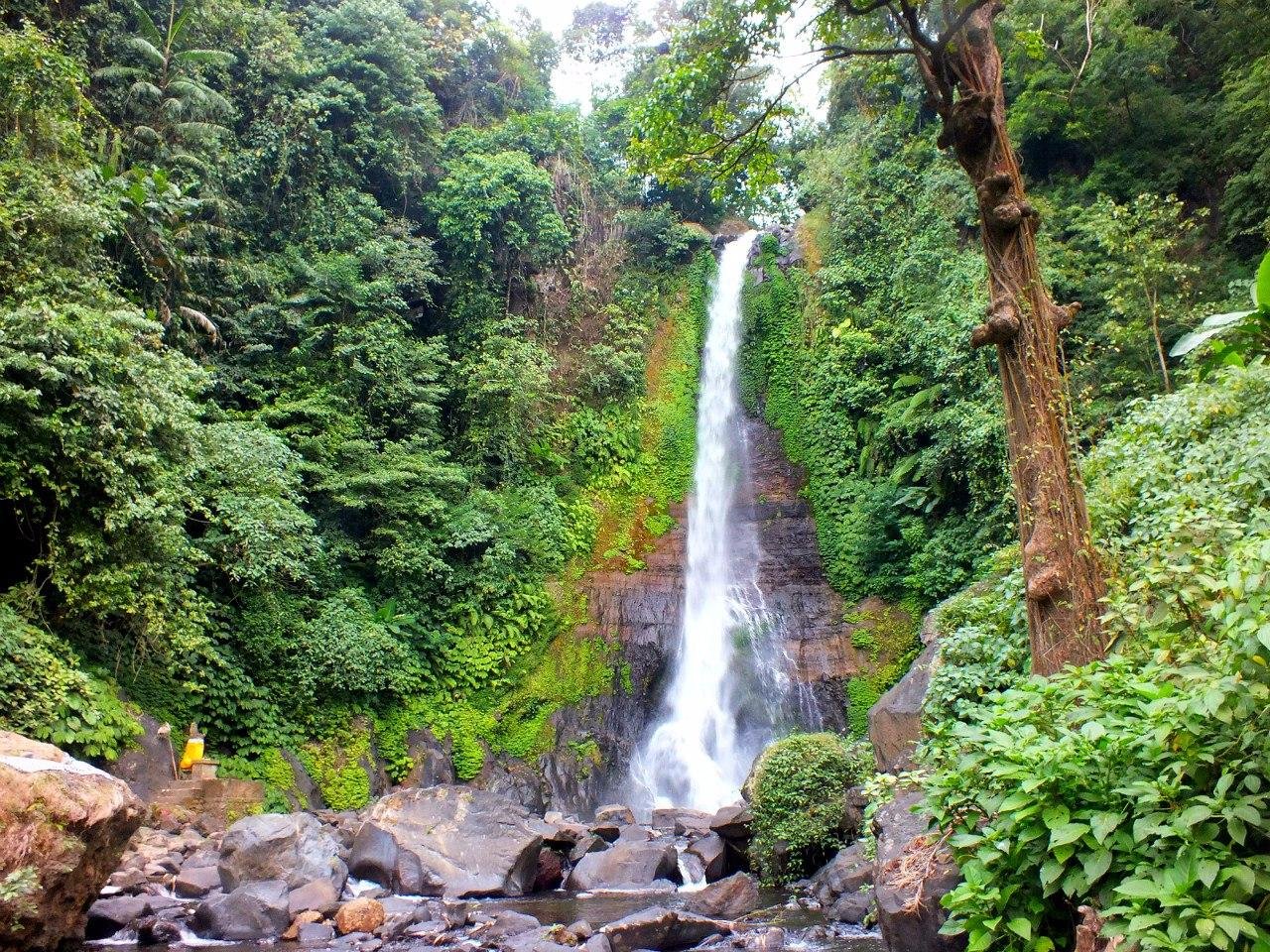 Multi-tiered waterfall in lush tropical rainforest