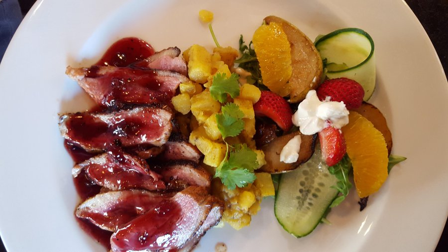 Duck breast, mustard seed potatoes, charred pear salad & cherry hoisin sauce