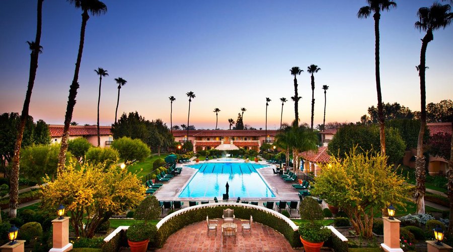 Olympic-style pool at sunrise.