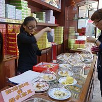 The counter with samples for tasting