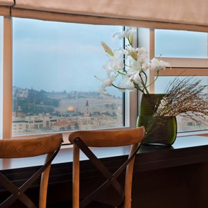 21st Floor Hotel in Jerusalem, image may contain: Window, Flower Arrangement, Windowsill, Potted Plant