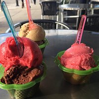 Raspberry, chocolate, blood orange sorbetto; coffee gelato