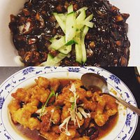Black bean paste noodle and fried chicken dish