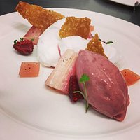 Snow Eggs, Rhubarb Confit & Rhubarb Sorbet