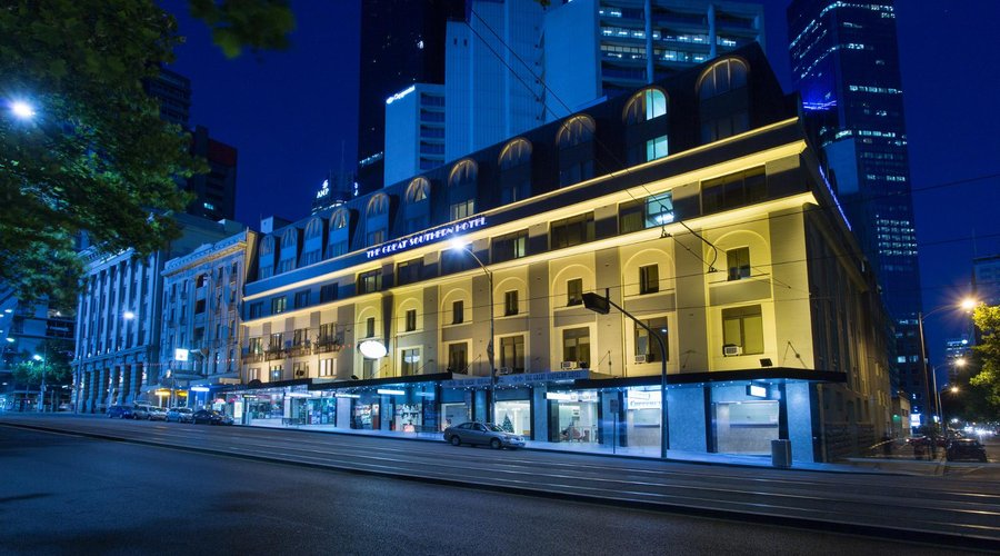 Great Southern Hotel exterior at night