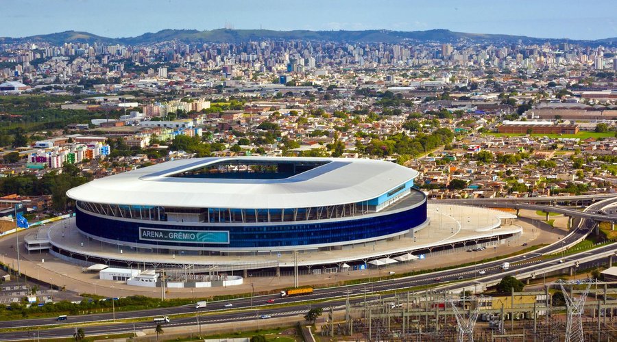 Vista aérea da Arena Grêmio, diurna.