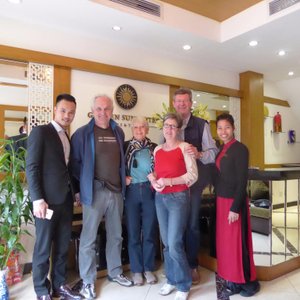 Golden Sun Suites Hotel in Hanoi, image may contain: Furniture, Bed, Home Decor, Cushion