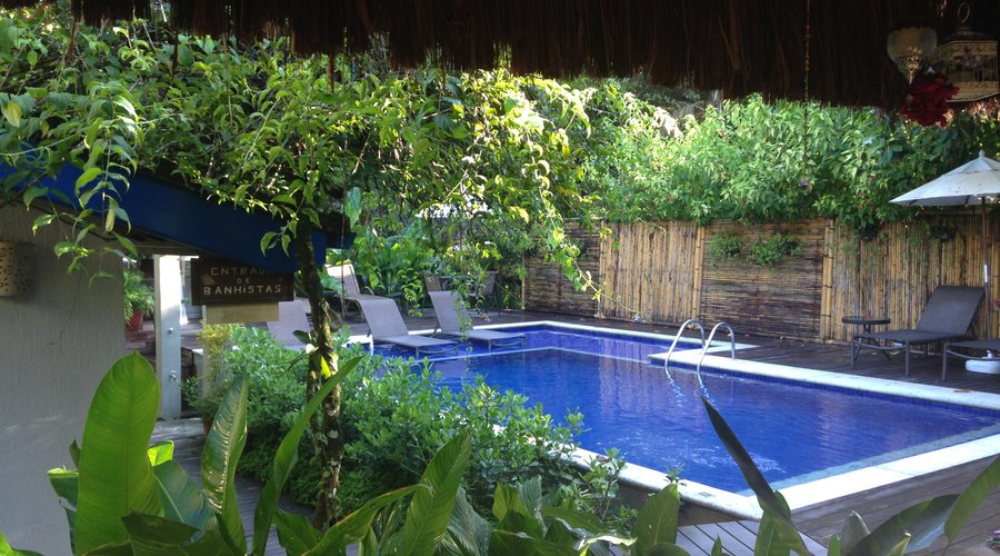 linda piscina vista do salão do café