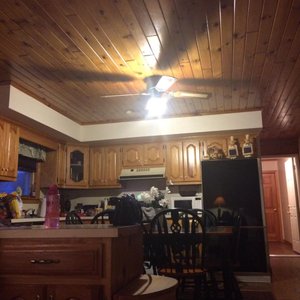 View from living room area looking into kitchen