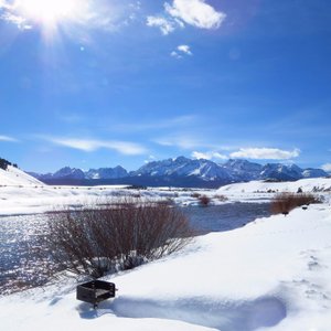 View of the Salmon river and the Sawtooths from the porch of cabin #12.