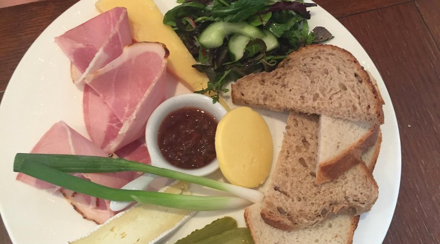 Ploughmans, roast pork and sea bass.