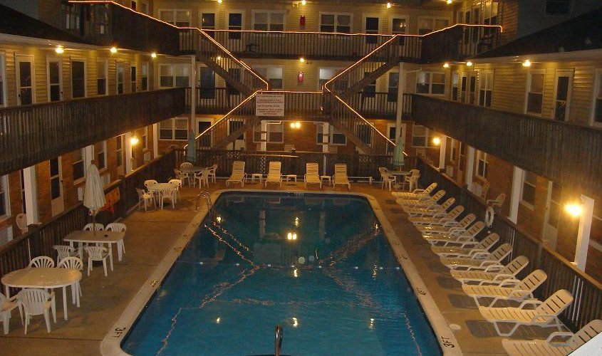 Our sparkling heated pool at night