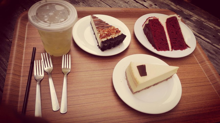 That is a Pandan Cooler,Peanut Butter pie,Toblerone Cheesecake and the Red Velvet Cake.