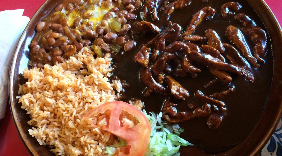 Chicken mole with rice and beans