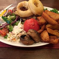 Lovely chunky home made chips and onion rings.