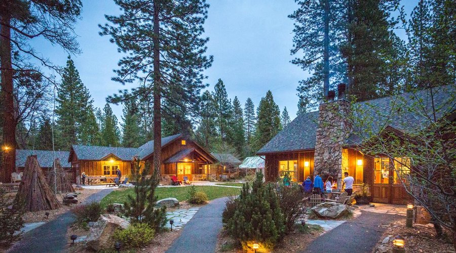 Evergreen Lodge Main Plaza at Dusk