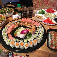 The large take-out Sushi platter is from Sakana, as well as the excellent Beef Tataki next to it