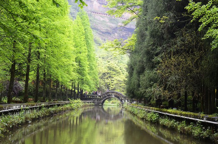 Nearby the waterfall. Picturesque bridge.