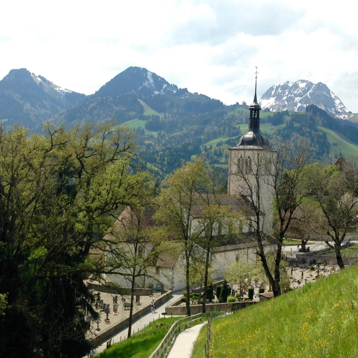 Europe, Switzerland, Freiburg, gruyere cheese, Les Grands-Chemins, church,  Église Saint Théodule, architecture, trees, buildings, historically, scener  Stock Photo - Alamy