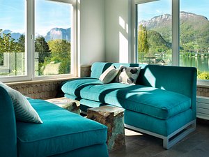 Hotel Le Beau Site in Talloires, image may contain: Couch, Furniture, Cushion, Home Decor