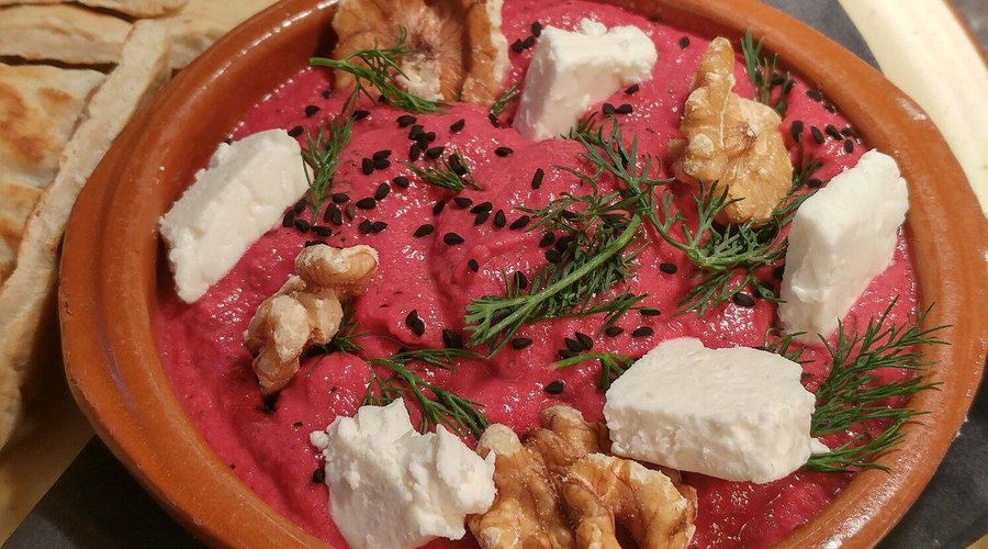Beetroot borani dip, with toasted pittas