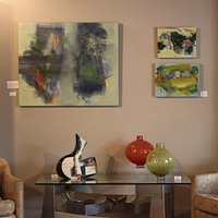 Paintings by Hollis Jeffcoat, Sculpture (left) by Sheryl Zachariah and Blown Glass by John Geci