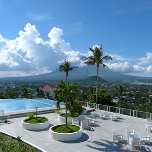 The view from our room, taking in the Mayon Volcano and the excellent pool area.