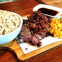 US Angus Ribeye Steak with toasted fat. With steak rice. Also hanger steak and shrimp pasta.