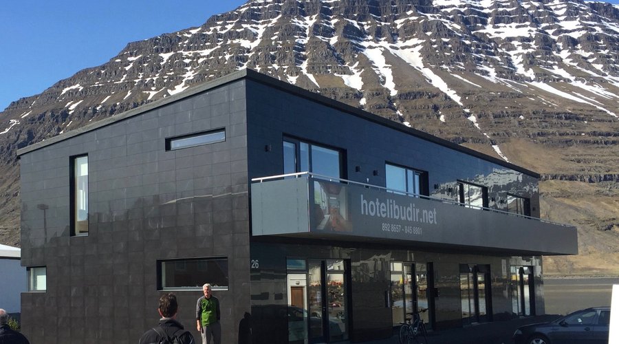 View from parking lot with fjord behind
