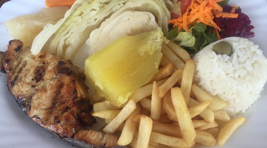Grilled Fish (Serra) with very tasty side dishes of veg, chips, rice #getfoodinvolved