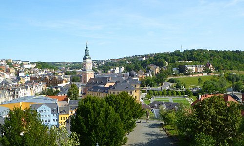 A view down from to castle to Schanzengarten and the city of Greiz. Very beautiful