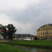 View across River Elster, Greiz Oldtown, with two castles