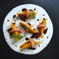Ravioli with guinea fowl, coconut, lime and red shrimps