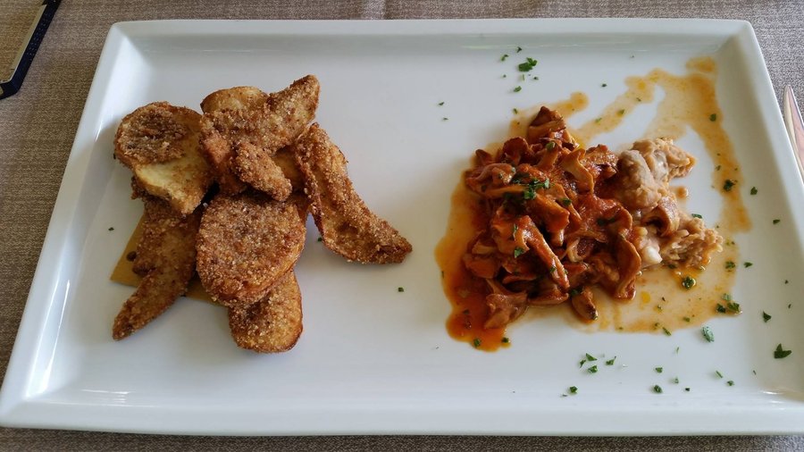 Porcini fritti .Finferli ( gallinacci ) in umido su passata di fagioli borlotti freschi