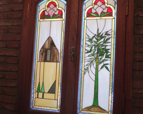 stained glass windows in the small museum